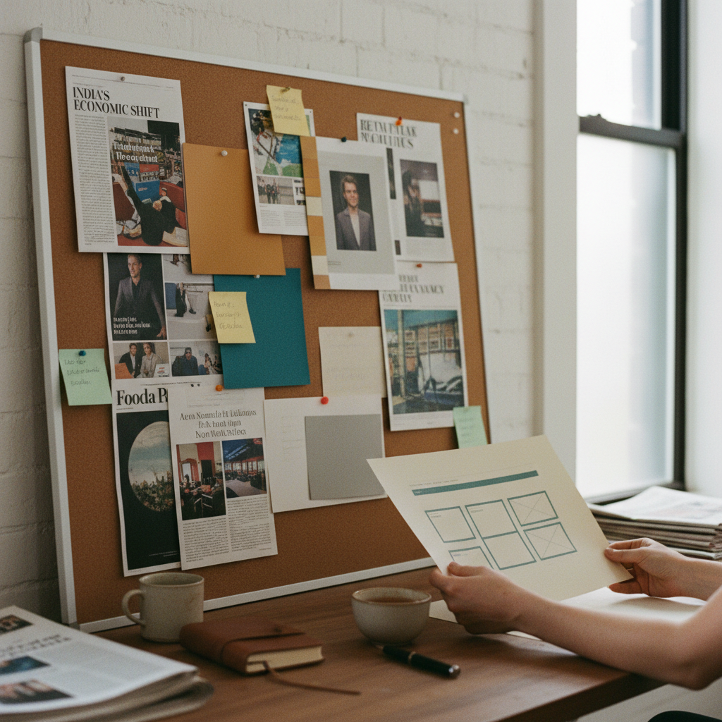 A media planner in a studio reviewing a digital storyboard for a cross-border advertising campaign.