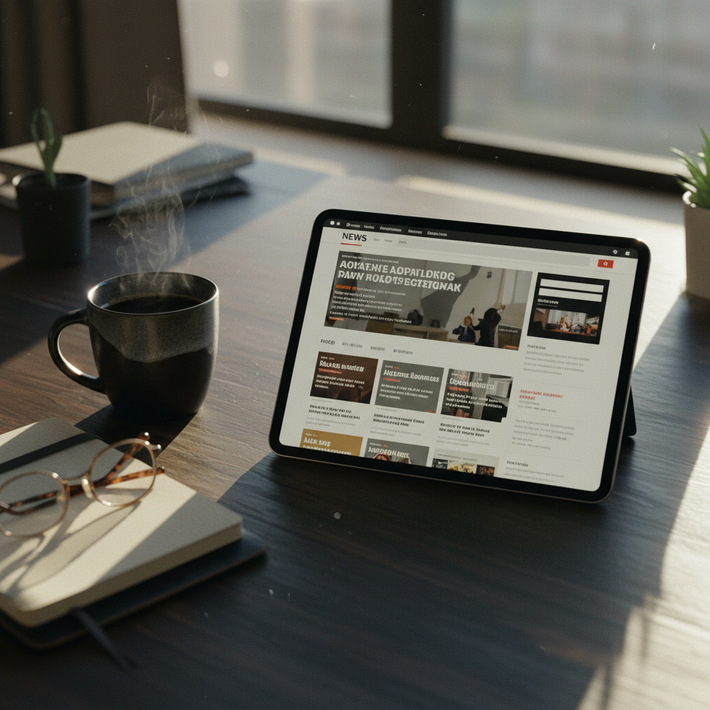 A professional desk in a sunlit New York office with a morning newspaper and a digital tablet showing a business news site.