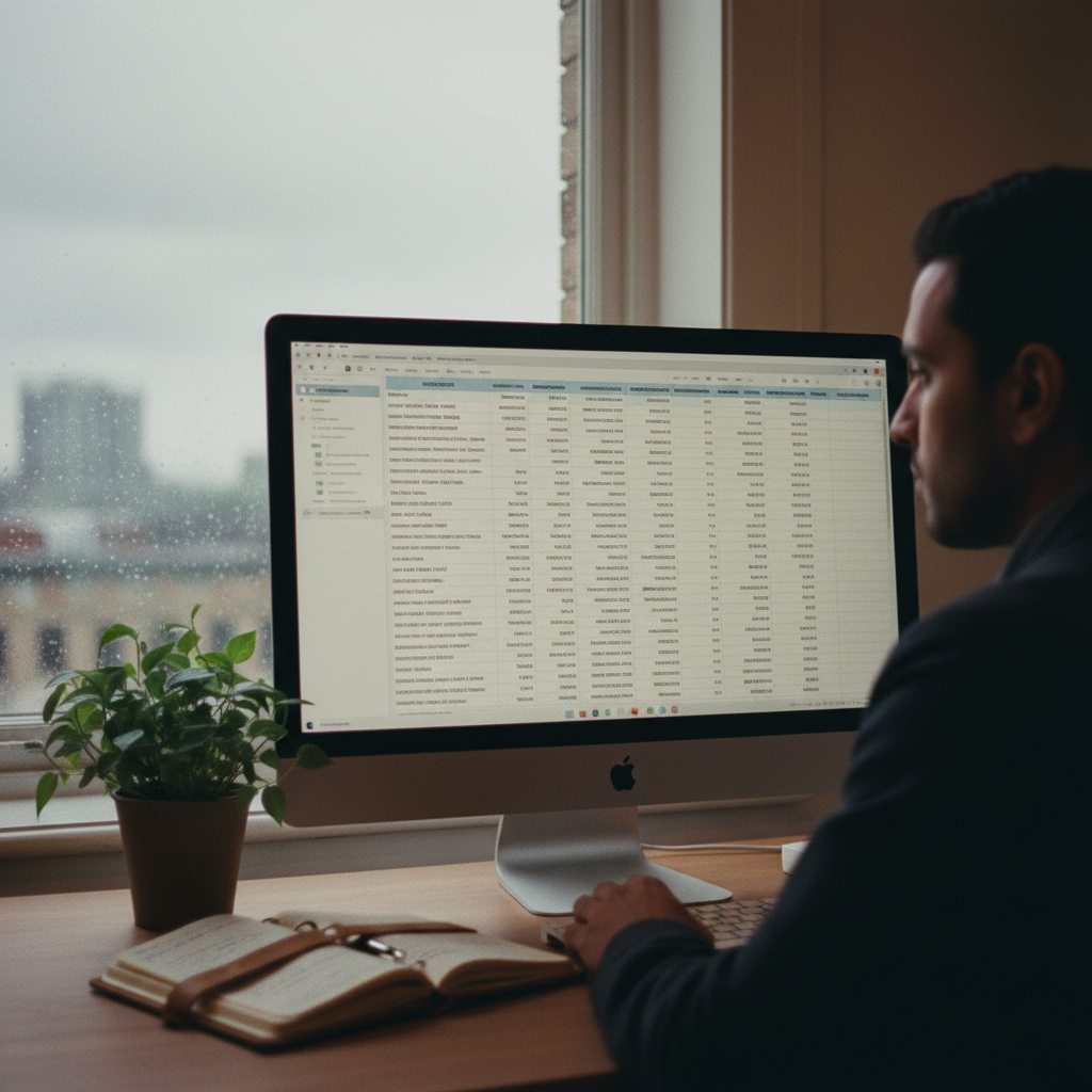 A marketing executive reviewing a digital media plan on a desktop monitor in a London office.