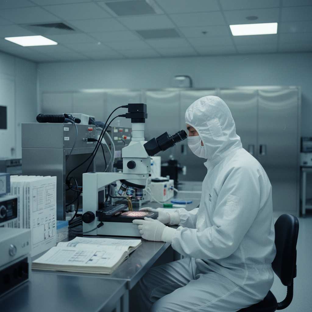 An engineer in a cleanroom suit inspecting a wafer under a high-powered microscope.