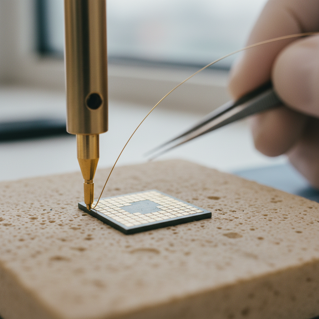 Close-up of a microelectronic wire bonding machine working on a semiconductor die.