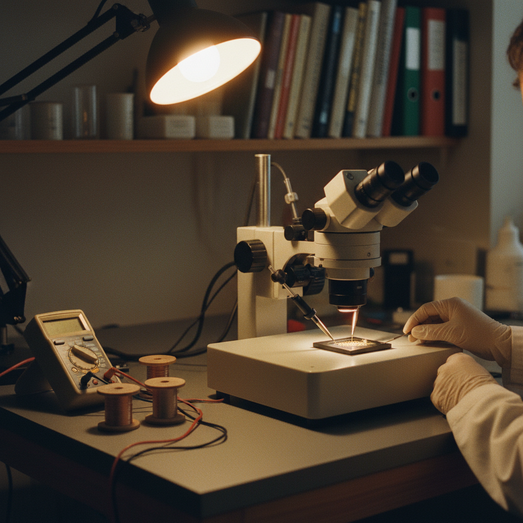 A researcher at a laboratory bench using a probe station to test a microchip.