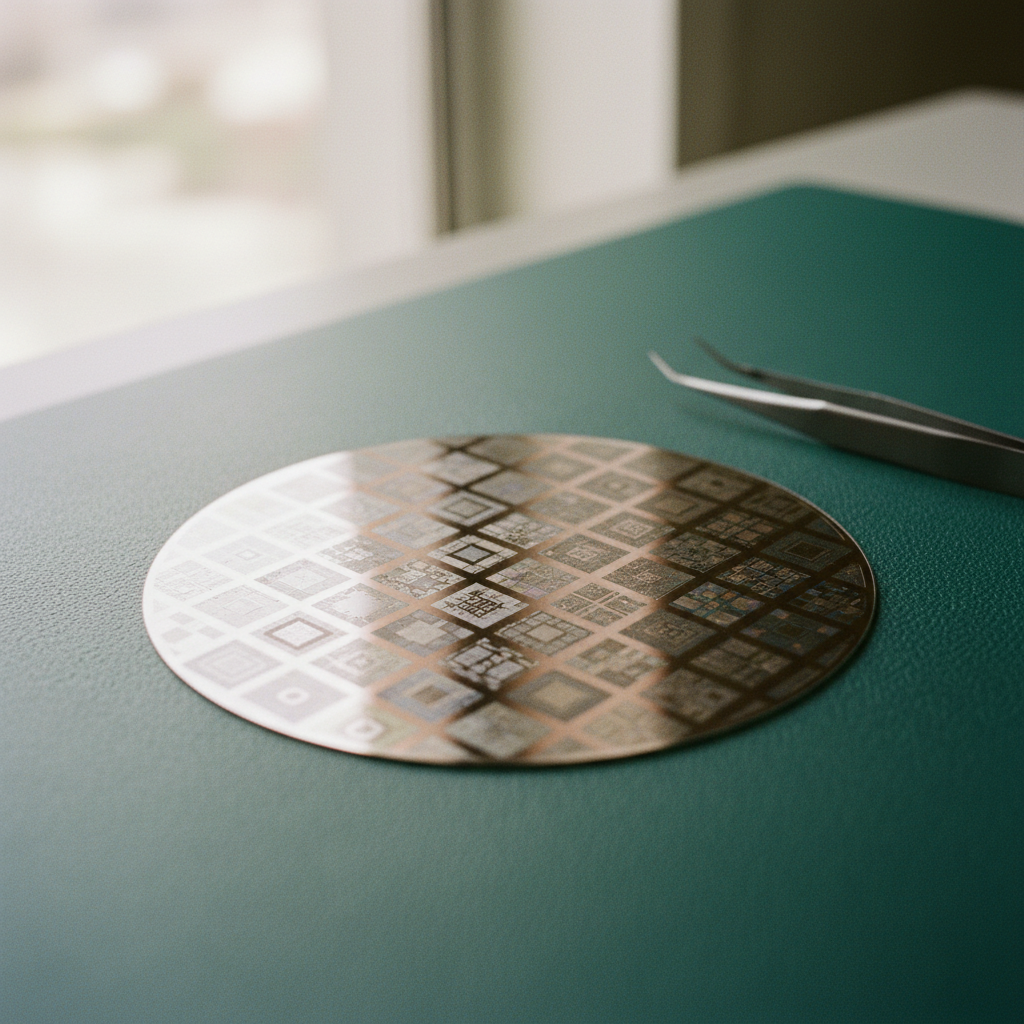 Close-up of a microelectronic wafer held by a technician in a cleanroom environment with soft natural lighting.
