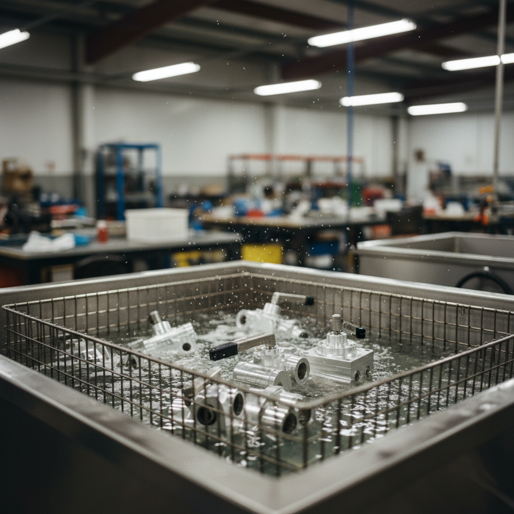 A stainless steel ultrasonic cleaning tank with a basket of intricate aluminum die-cast parts submerged in bubbling fluid.