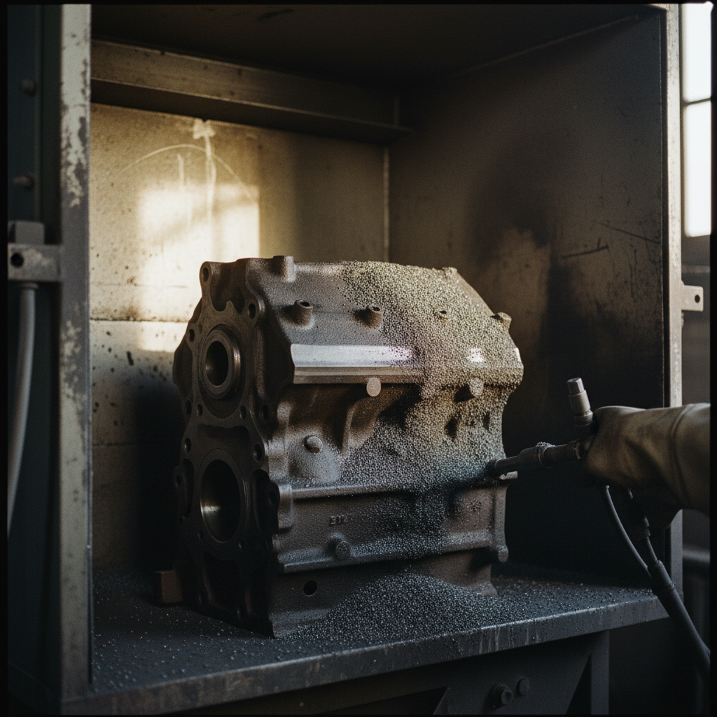 Close-up of a heavy cast iron engine block being processed in a shot blasting chamber with metallic abrasives.