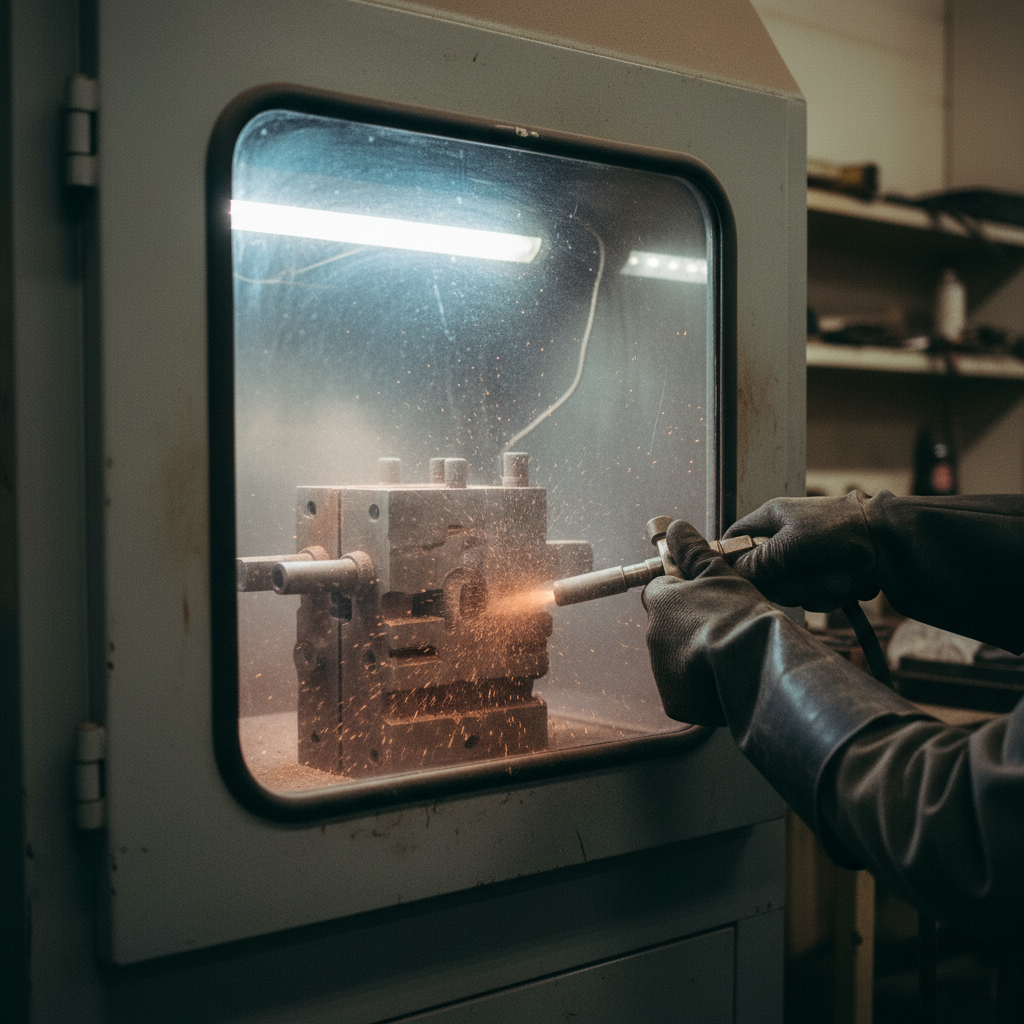 An industrial technician using a high-pressure blasting nozzle on a large metal component inside a lighted cabinet.