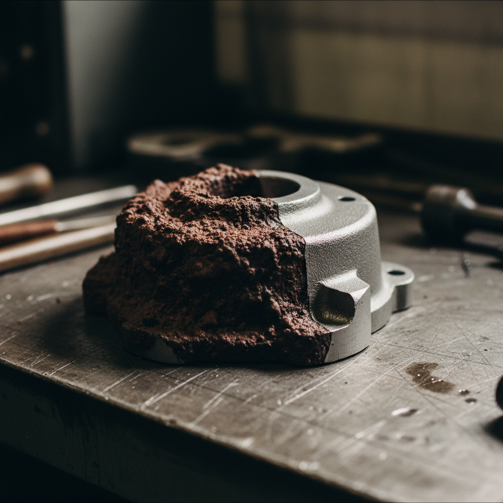 A close-up shot of a heavy industrial iron casting being cleaned with abrasive media, showing the contrast between the dark oxidized surface and the bright clean metal.