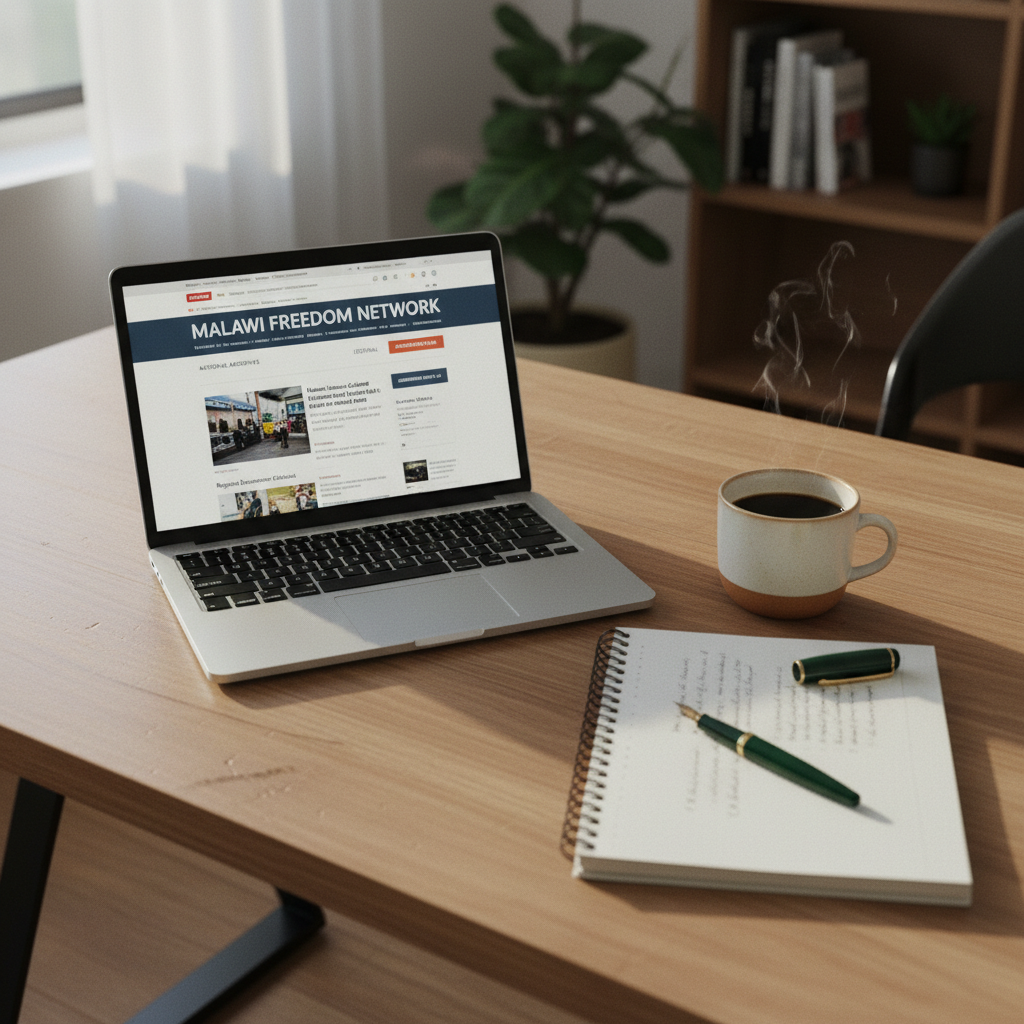 A desk with a laptop open to a news website, alongside notebooks and a cup of coffee.