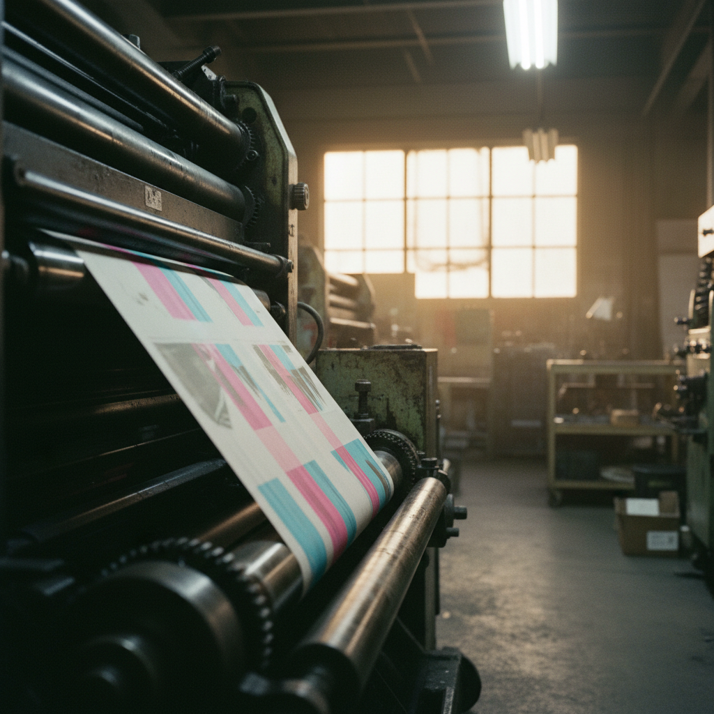 A close-up of a printing press machine in operation, showing newspapers moving through the rollers.