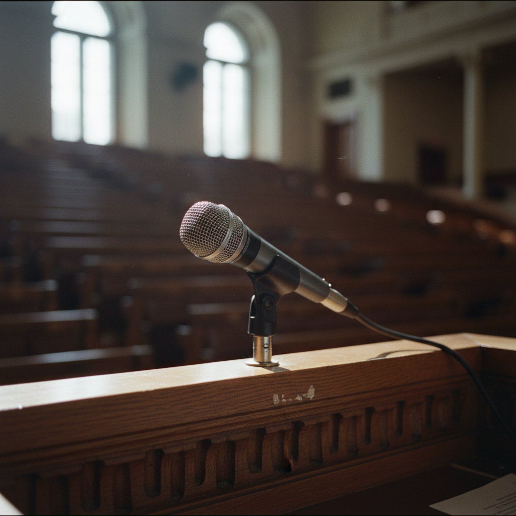 A close-up shot of a microphone on a witness stand inside the Malawi Parliament building in Lilongwe.
