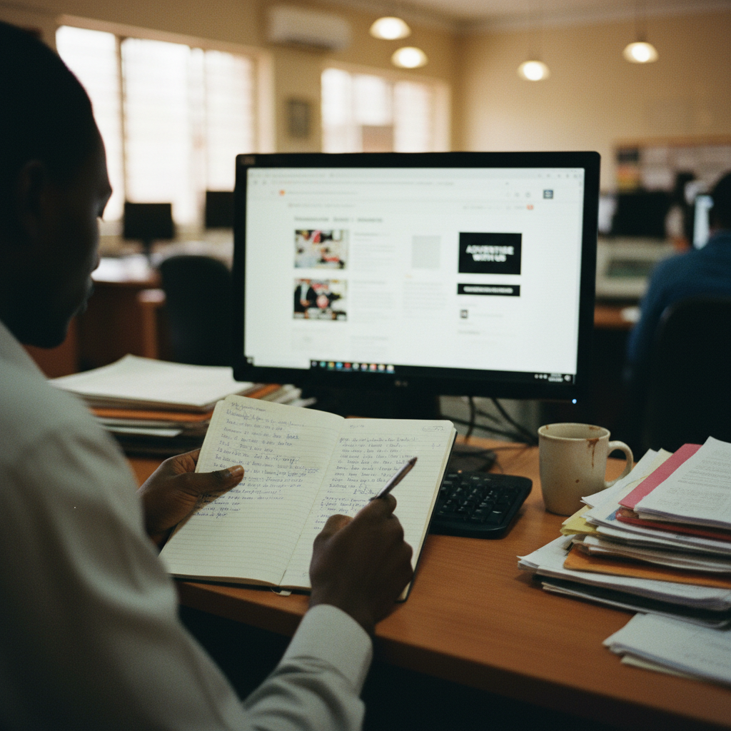 A journalist in Malawi reviews notes at their desk, with a computer screen showing news articles.