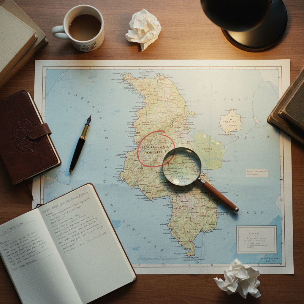 An organized desk with a magnifying glass over an aviation map of northern Malawi.