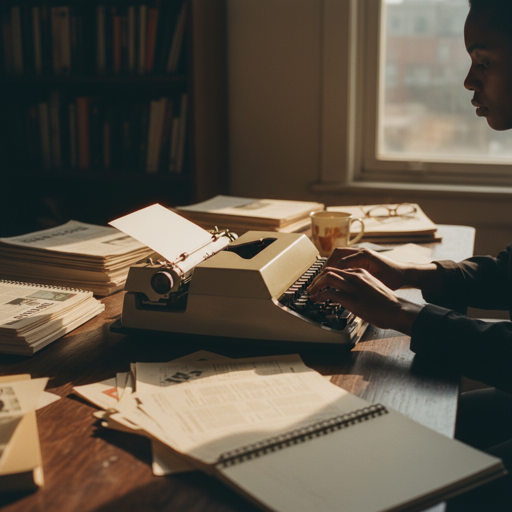 A journalist's hands typing on a vintage typewriter, with stacks of research papers nearby.