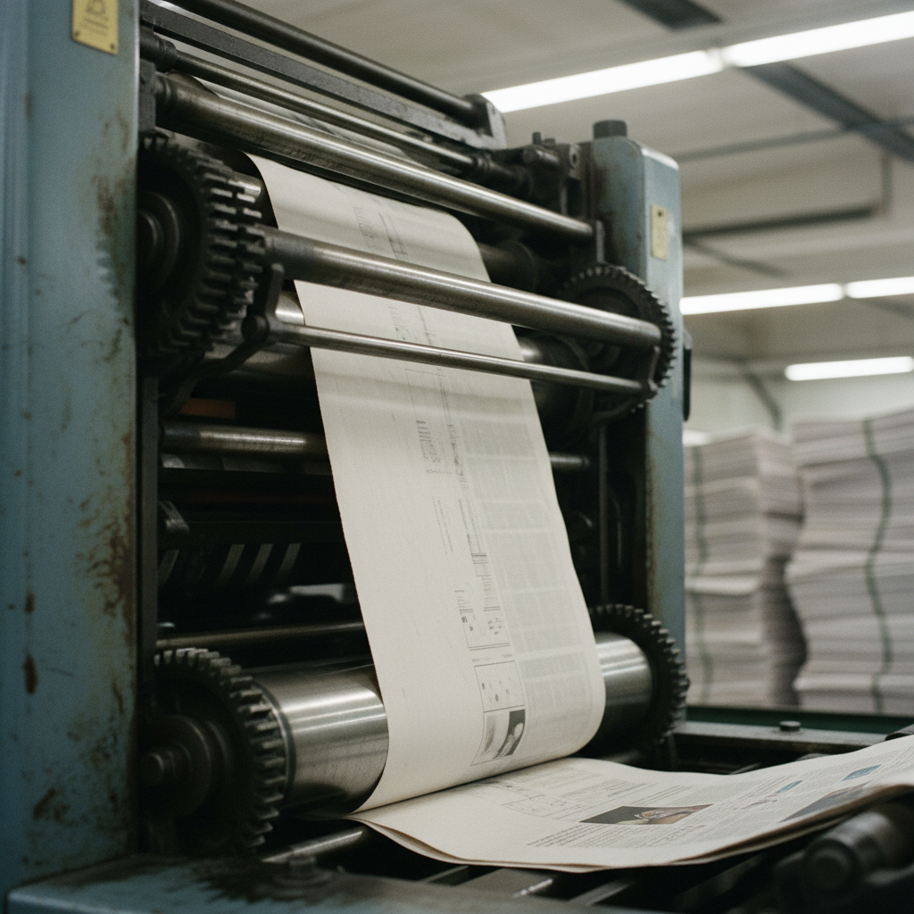 A close-up of a printing press running, showing stacks of newspapers with blurred headlines moving through the machinery.