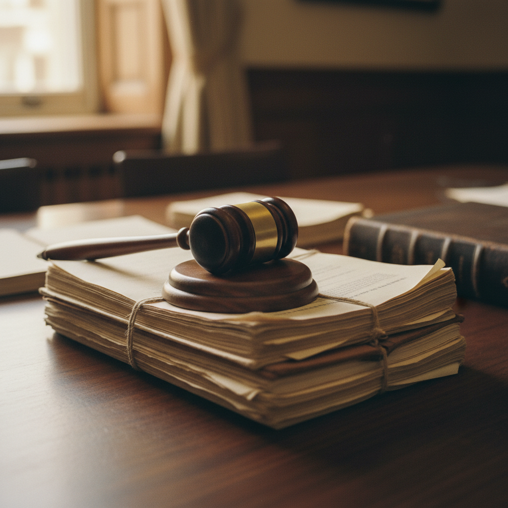 A close-up of a wooden gavel and sound block resting on a stack of legal documents on a dark wood desk, suggesting a formal inquiry.