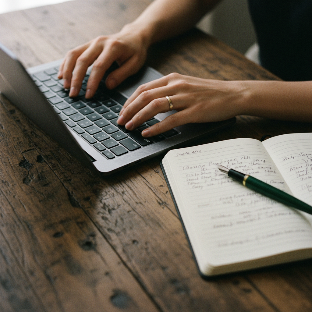 A close-up shot of a person's hands typing on a laptop keyboard, with a notebook and pen next to it on a wooden desk.