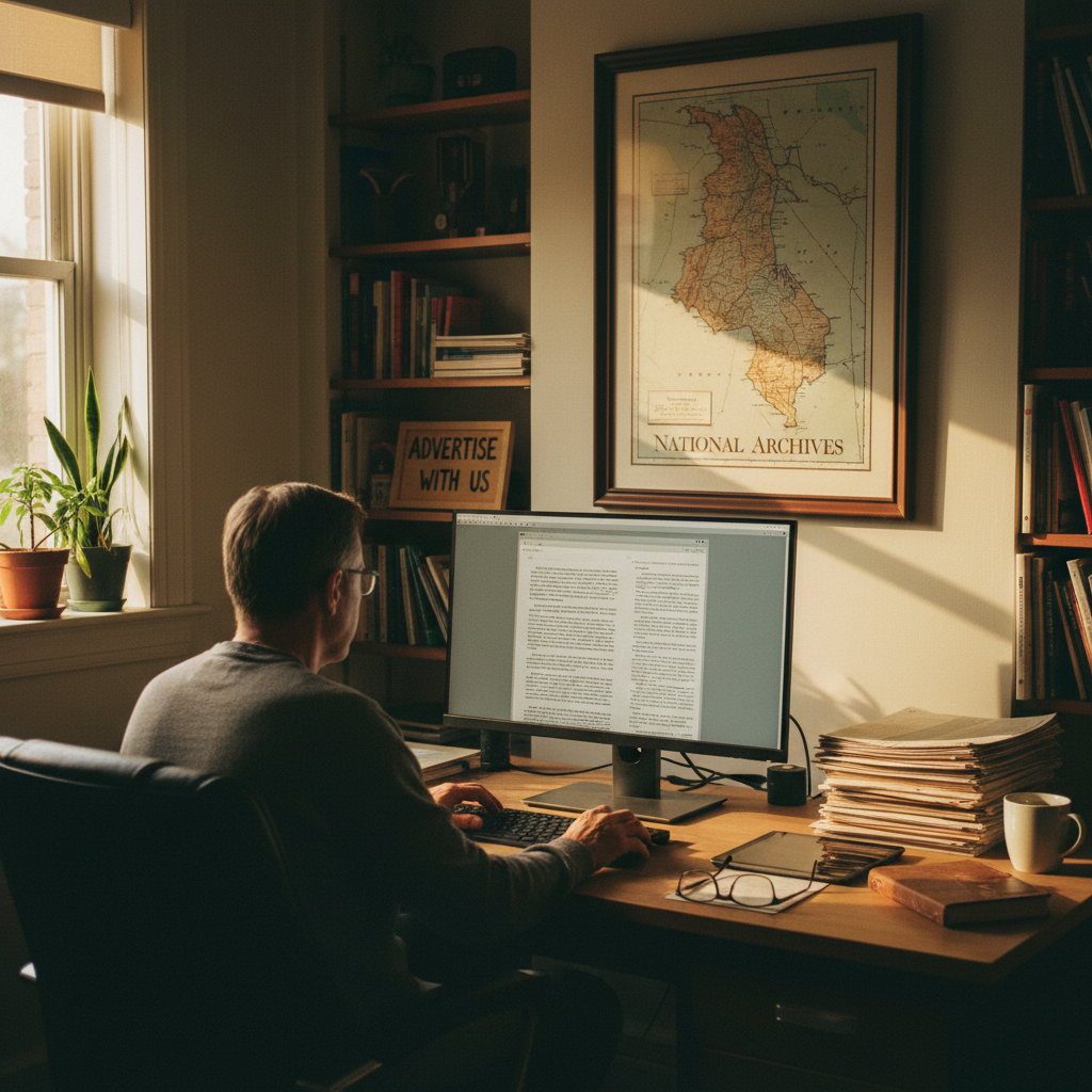 A person in an office setting reviewing a document on a computer screen, with a map of Malawi visible in the background.