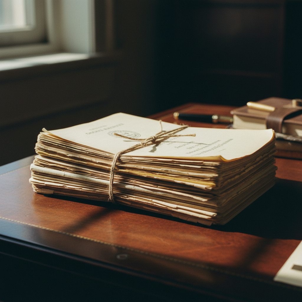 A stack of official-looking government documents bound with string, sitting on a wooden desk.