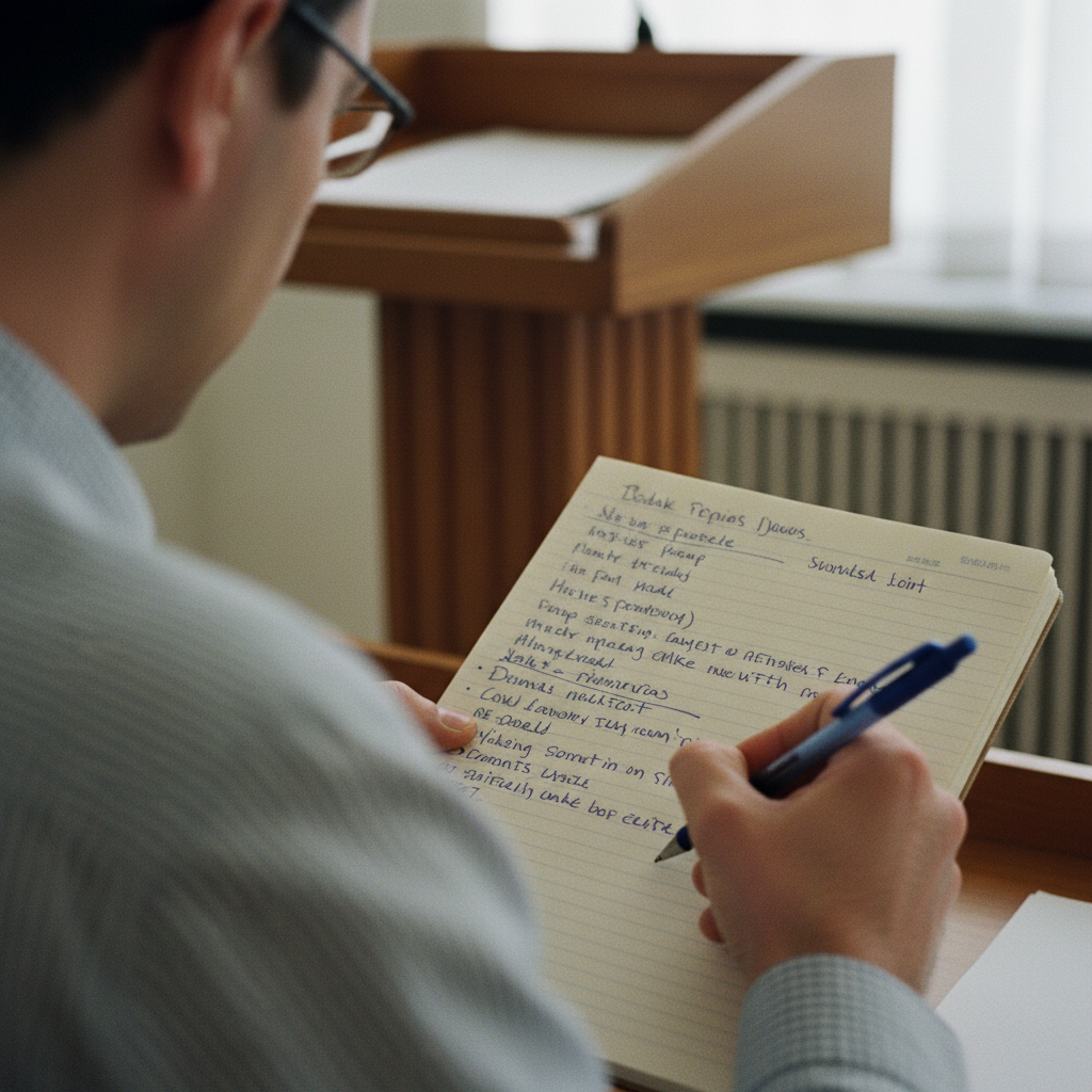 A close-up of a reporter's hands taking notes in a spiral-bound pad during a press conference.