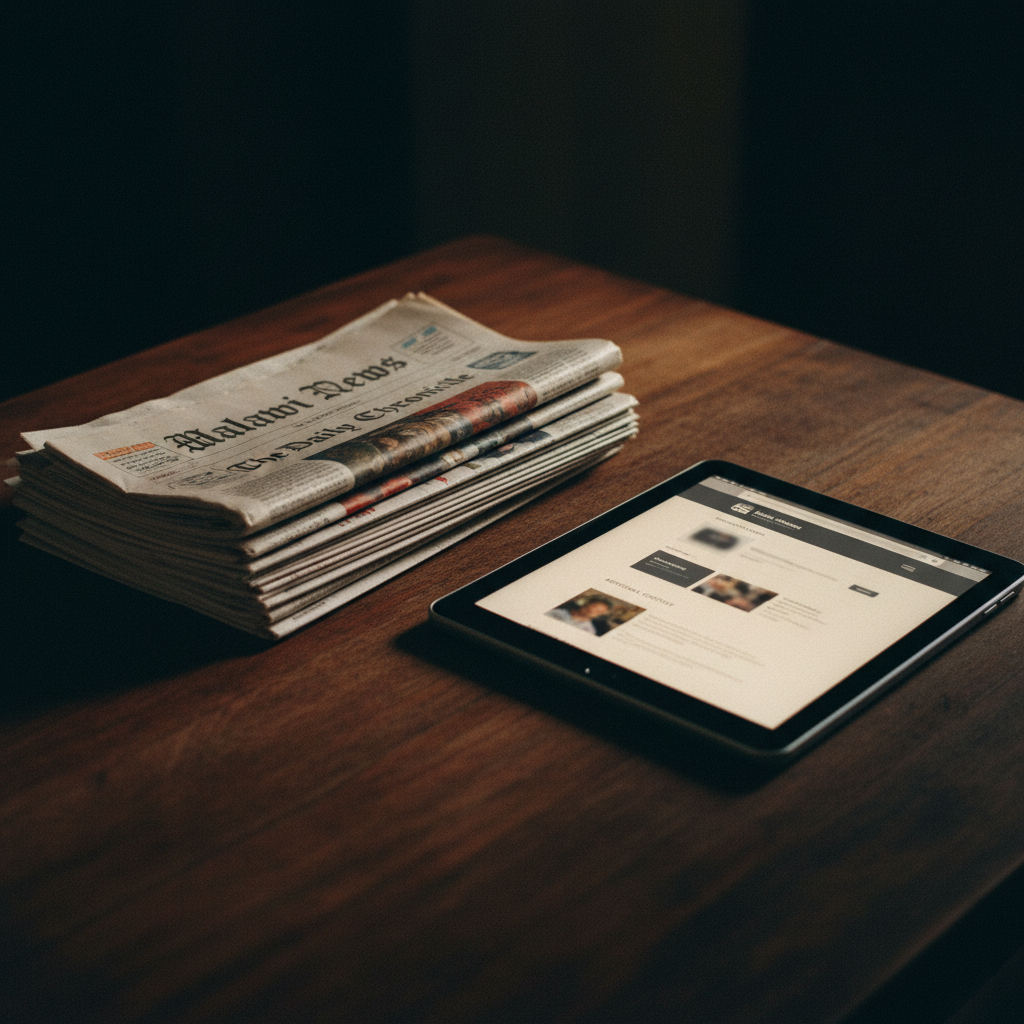 A stack of freshly printed Malawian newspapers next to a tablet displaying the Malawi Freedom Network website homepage.