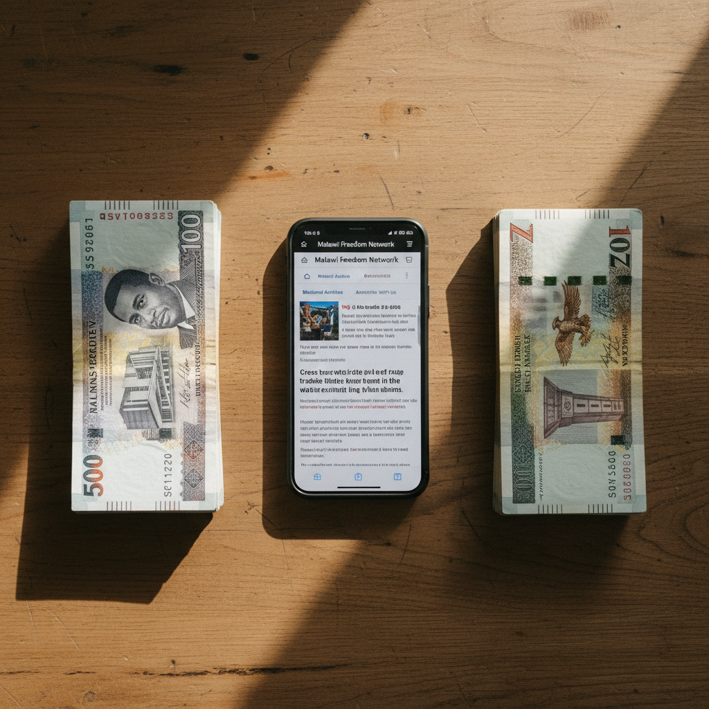 A close-up shot of stacks of Malawian Kwacha and Zambian Kwacha banknotes next to a mobile phone displaying an online news article.