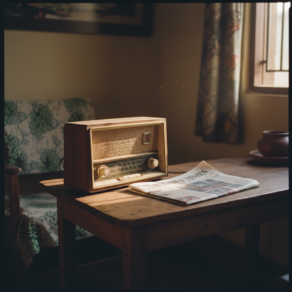 A well-used radio on a table in a Malawian home, with a newspaper from The Times Group next to it.