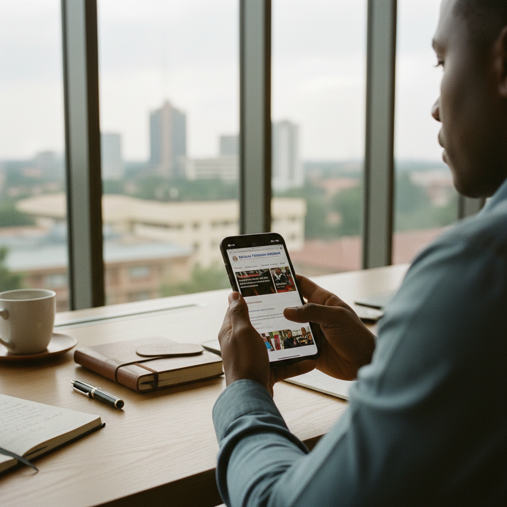 A person in an office in Lusaka, Zambia, holding a phone with the Malawi Freedom Network website on the screen.