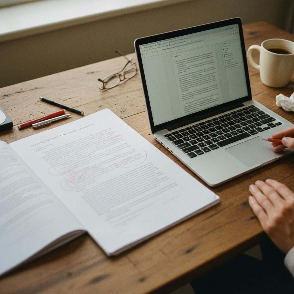 An editor's desk showing a document being marked up for review, with a laptop and coffee cup nearby.