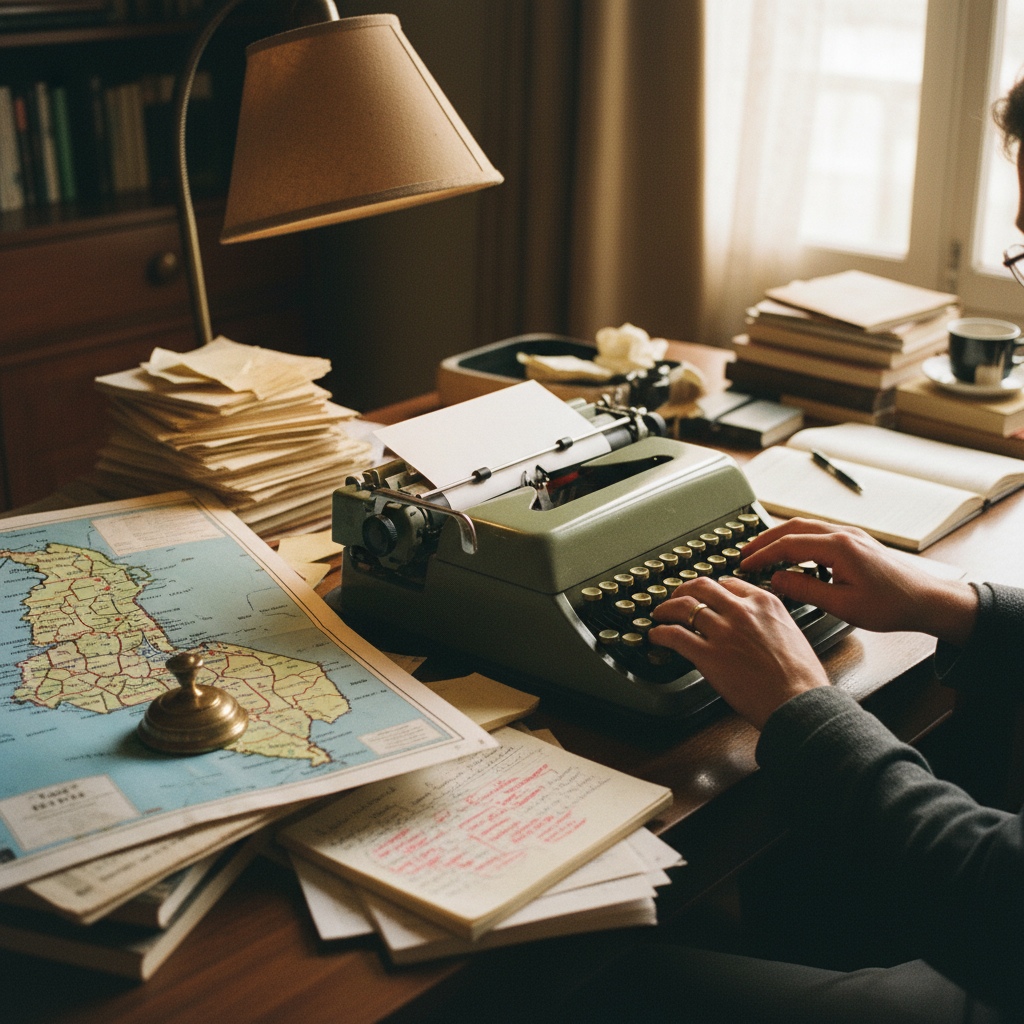 A journalist in a brightly lit room typing an article on a typewriter, with stacks of research papers and a map of Malawi on the desk.