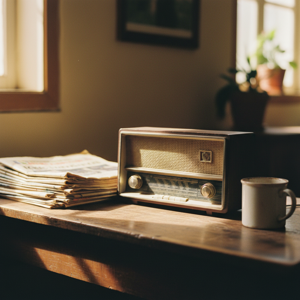 A vintage radio receiver from the 1970s sitting on a wooden desk in a Malawian office.