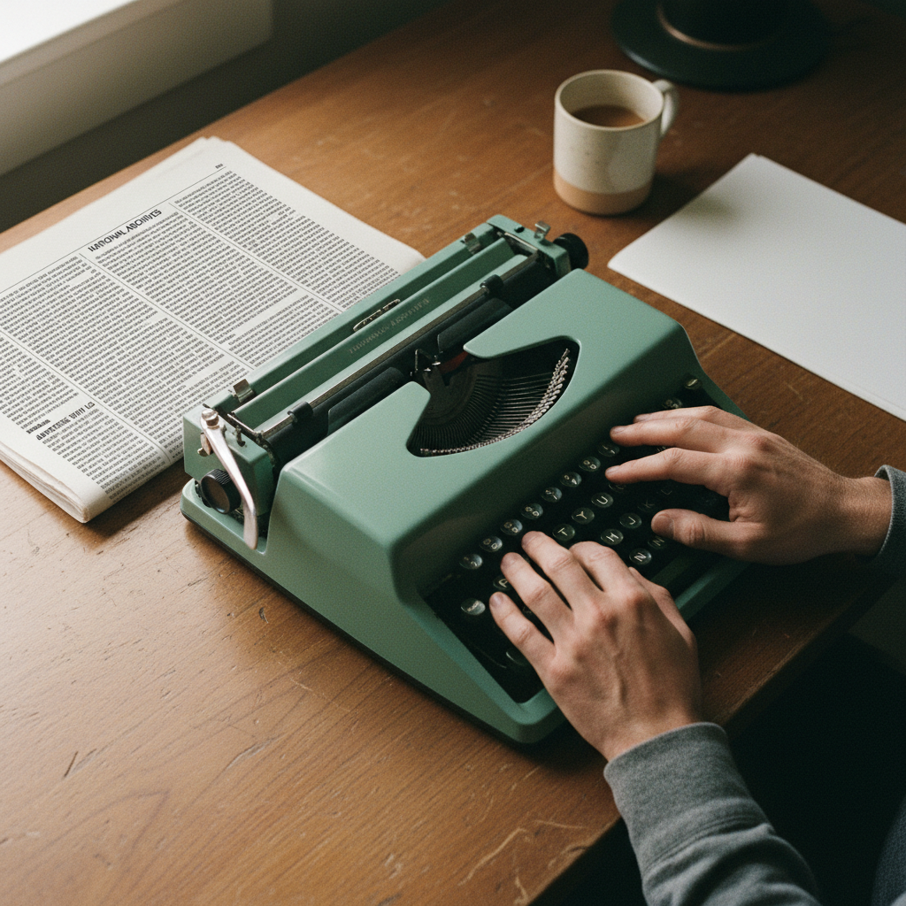 A close-up of a person's hands typing on a vintage 1970s typewriter, with a newspaper in the background.