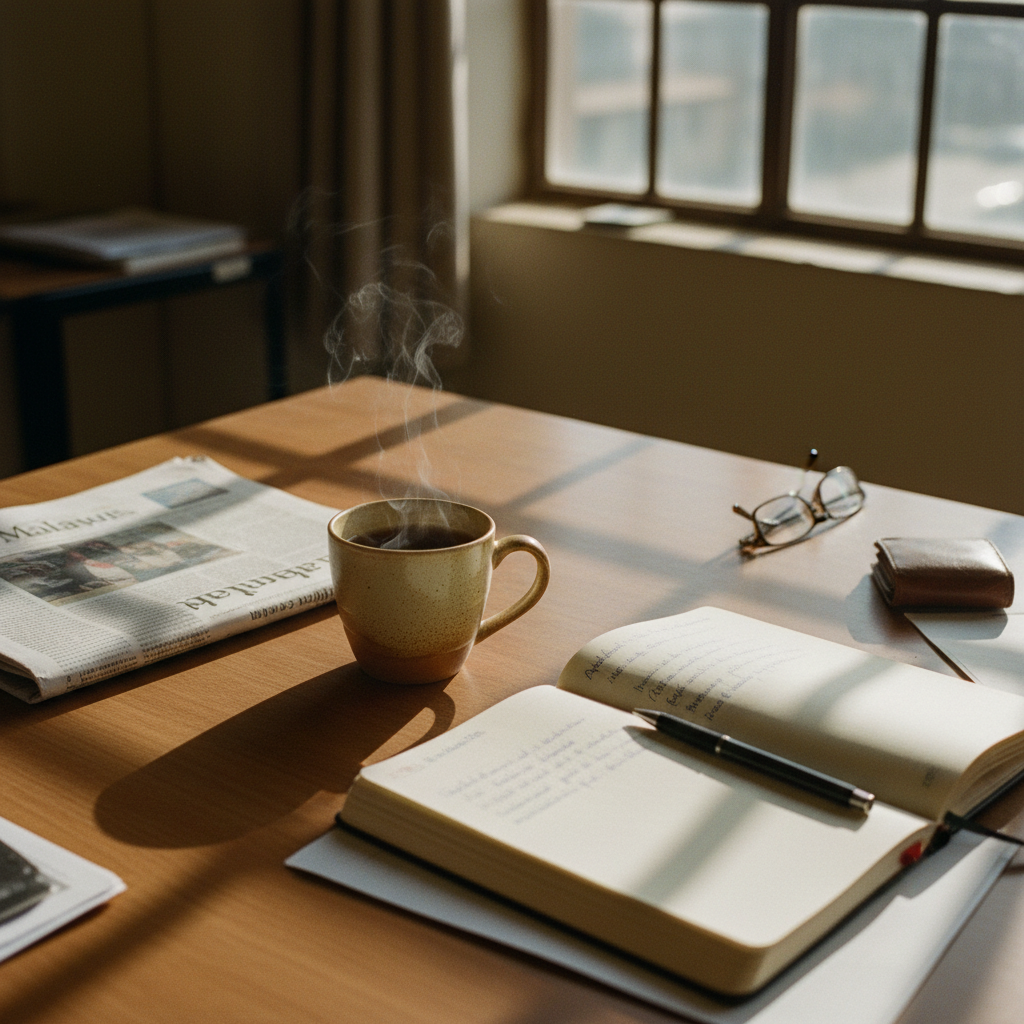A desk in a Malawian news office with a newspaper, a cup of coffee, and a notepad with article ideas.