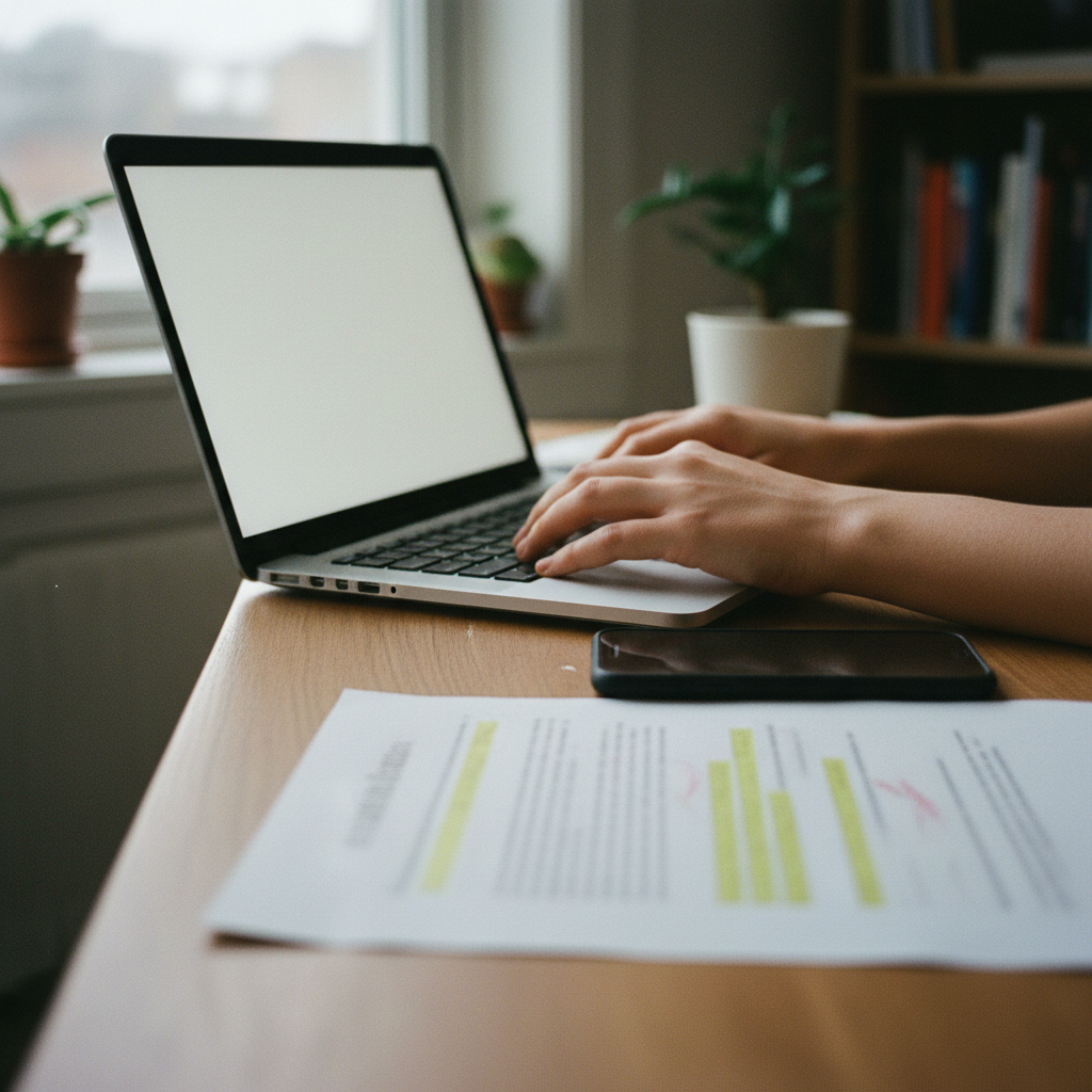 A close-up of a person's hands typing a news article on a laptop in a modern office.