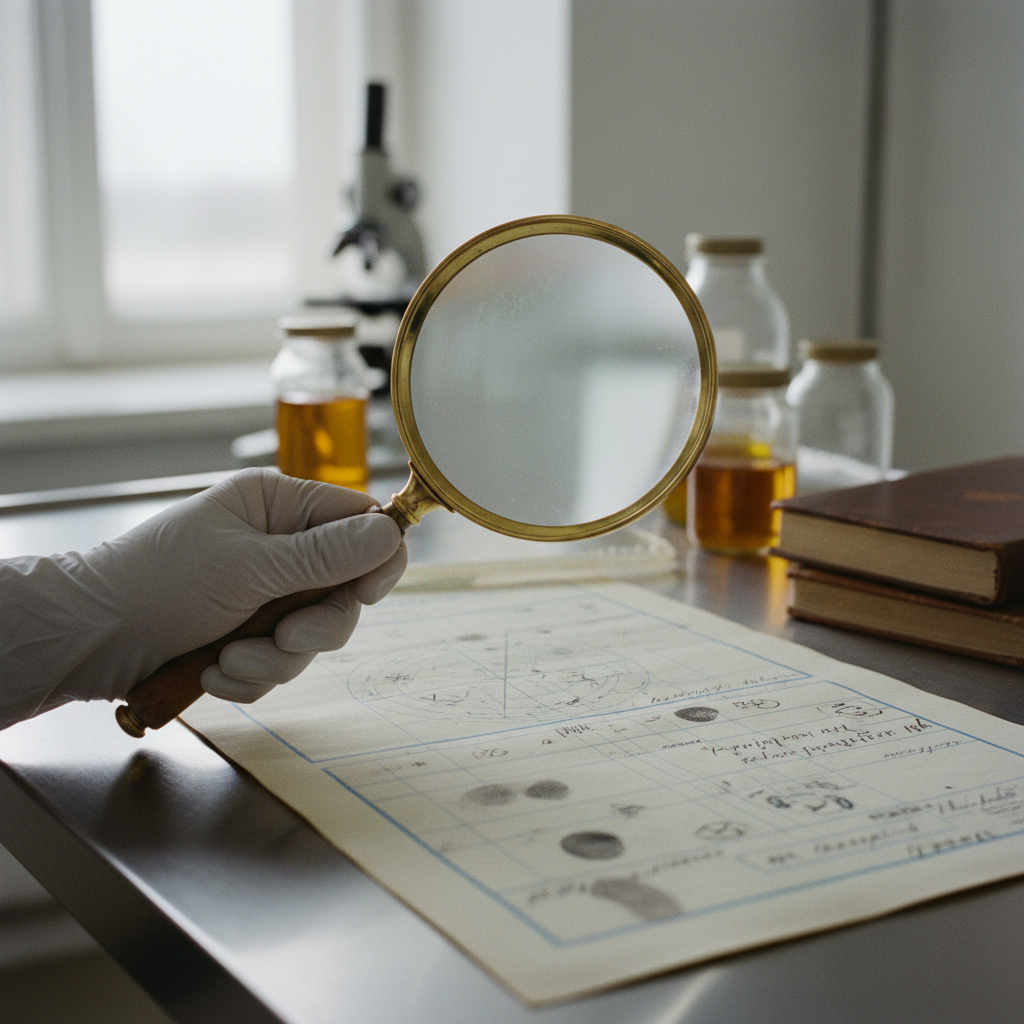 A forensic investigator examining a document with a magnifying glass in a lab.