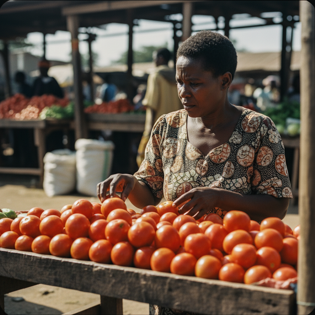 A woman at a market stall in Malawi carefully inspects fresh vegetables, her face showing concern as she considers the prices.
