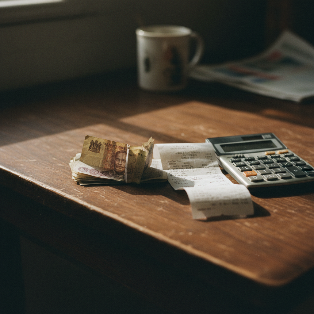 A close-up of a stack of Malawian Kwacha banknotes of various denominations, with a calculator and a grocery receipt visible next to them on a wooden table.