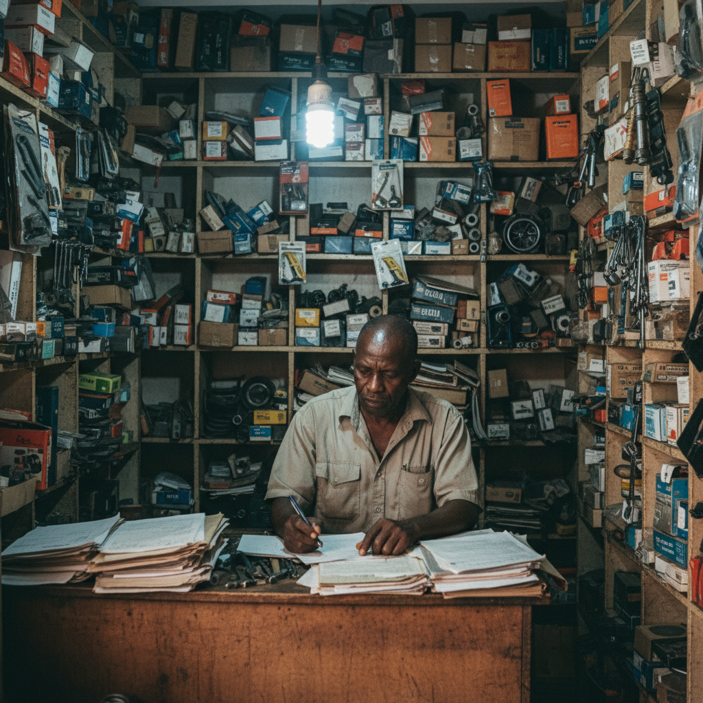 The owner of a small hardware shop in Blantyre, Malawi, reviews invoices and paperwork at his desk, surrounded by shelves of imported goods.