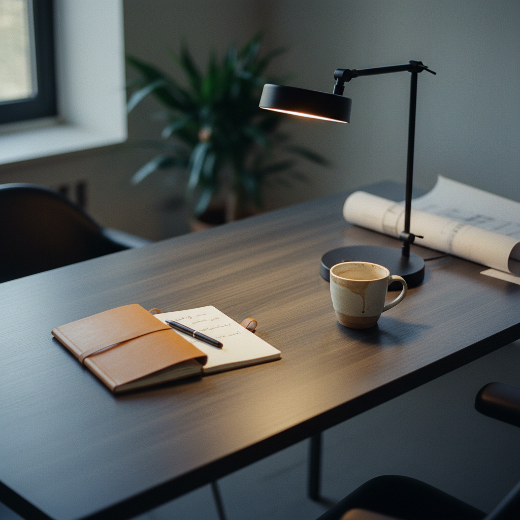 A close-up shot of a textured charcoal grey MDF desk surface with a leather planner and a black metal lamp.