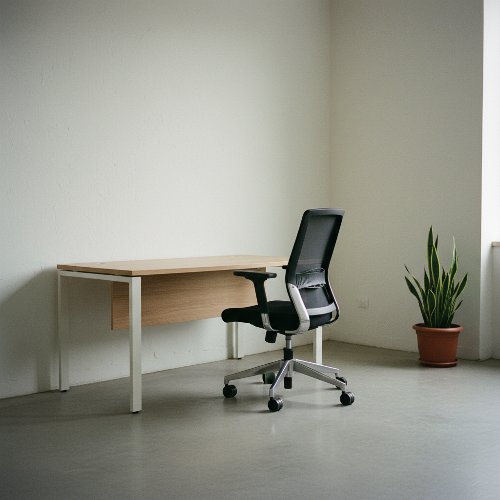 A small manager's office in Cairo featuring a compact MDF desk and an ergonomic mesh chair.