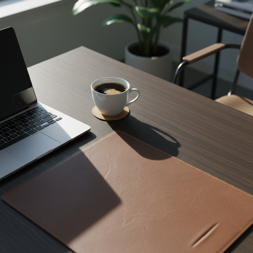 A close-up of a dark wood-grain MDF desk surface showing the smooth texture and a professional laptop setup.