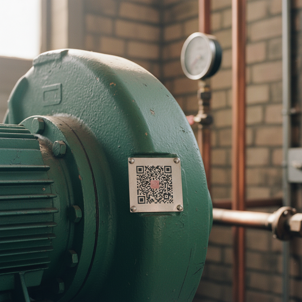 A close-up of an industrial centrifugal pump with a QR code tag attached to its casing.