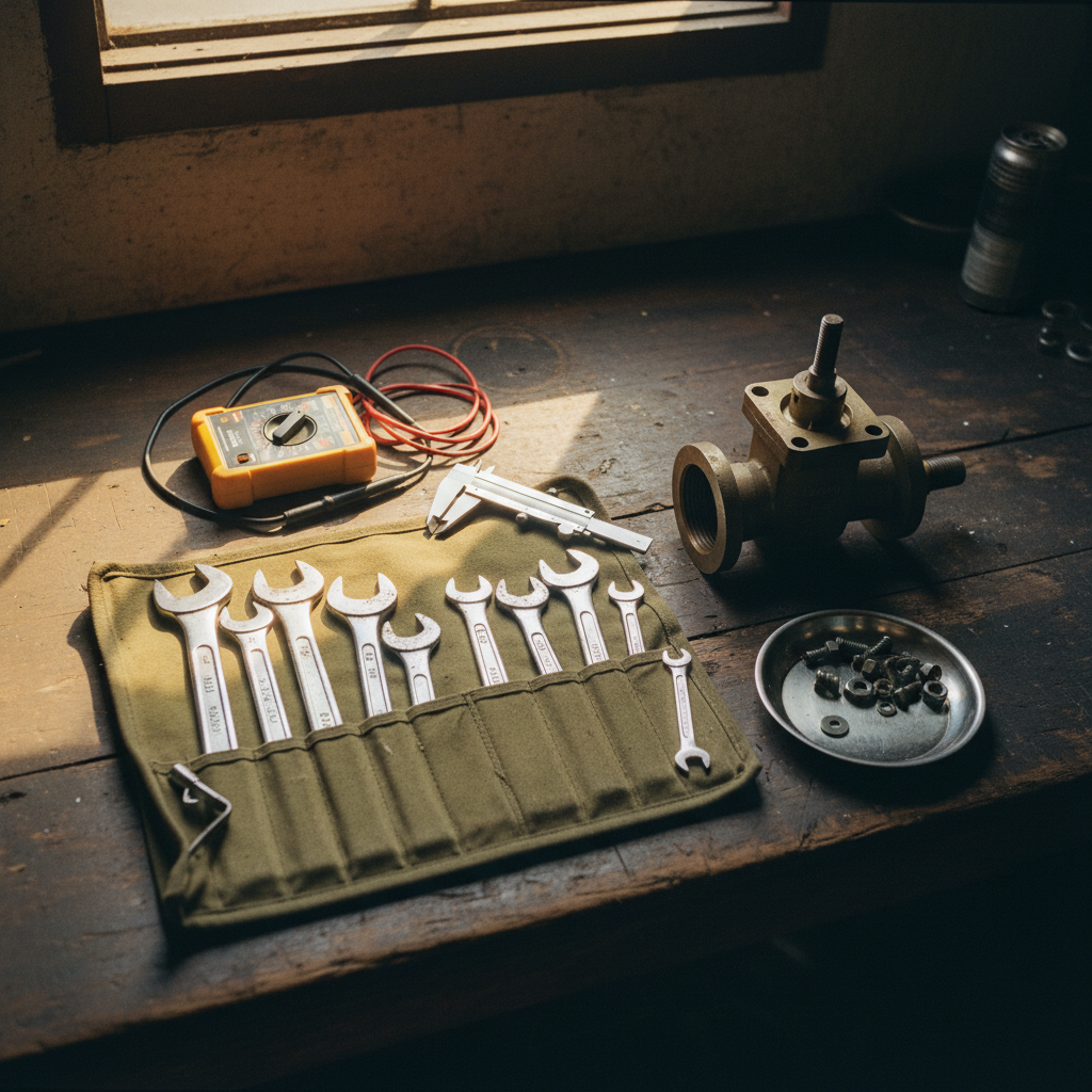 A technician's tool roll laid out on a wooden workbench with a mechanical assembly in progress.