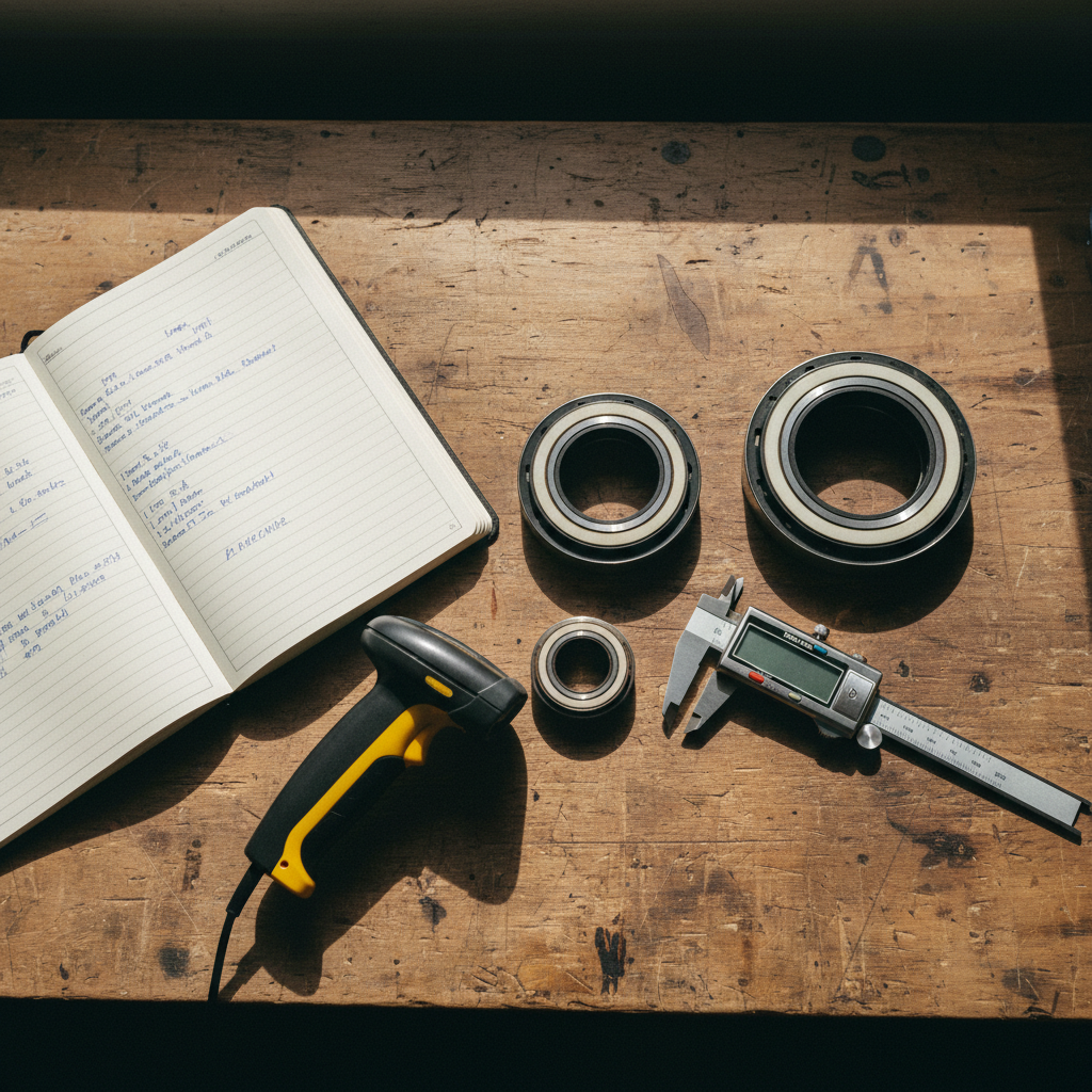 A wooden workbench with an organized array of mechanical seals and digital calipers.