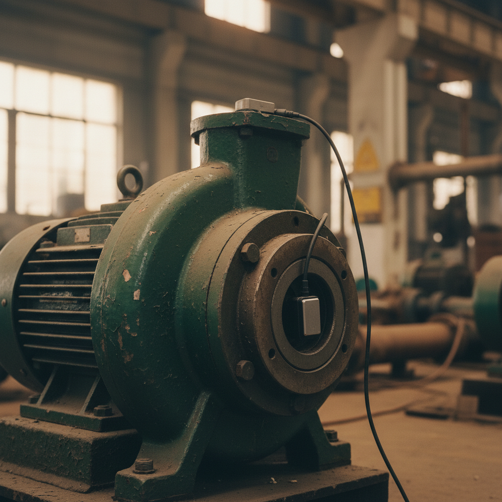 A heavy industrial water pump with a weathered brass identification tag and connected sensing wires.