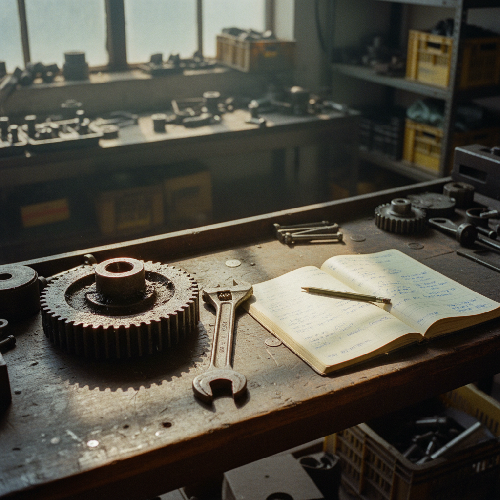 A top-down view of a mechanical workshop table with metal gears, a wrench, and an open technical manual.