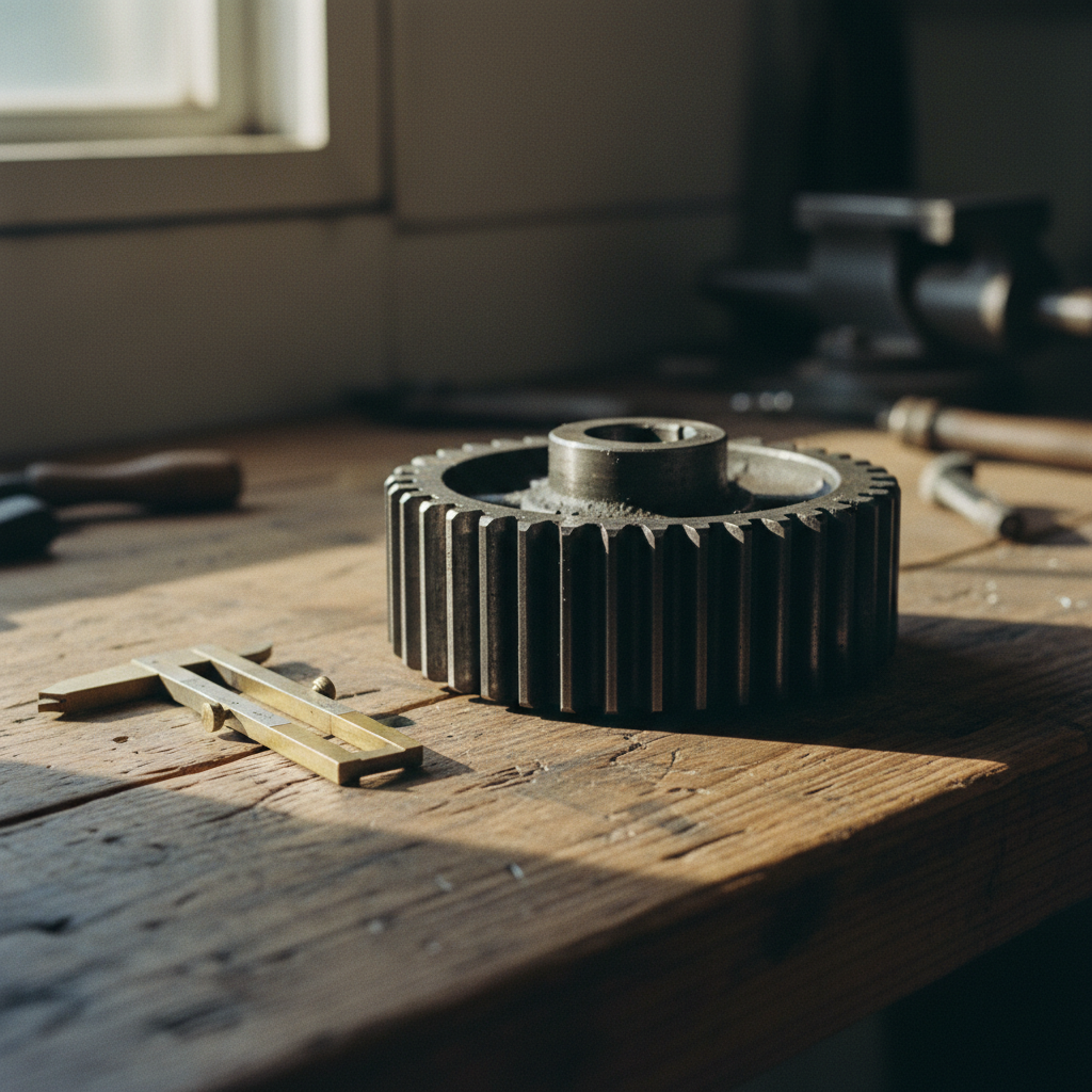 A heavy industrial gear covered in a thin layer of grease sitting on a clean, weathered wooden workbench next to a set of steel calipers.