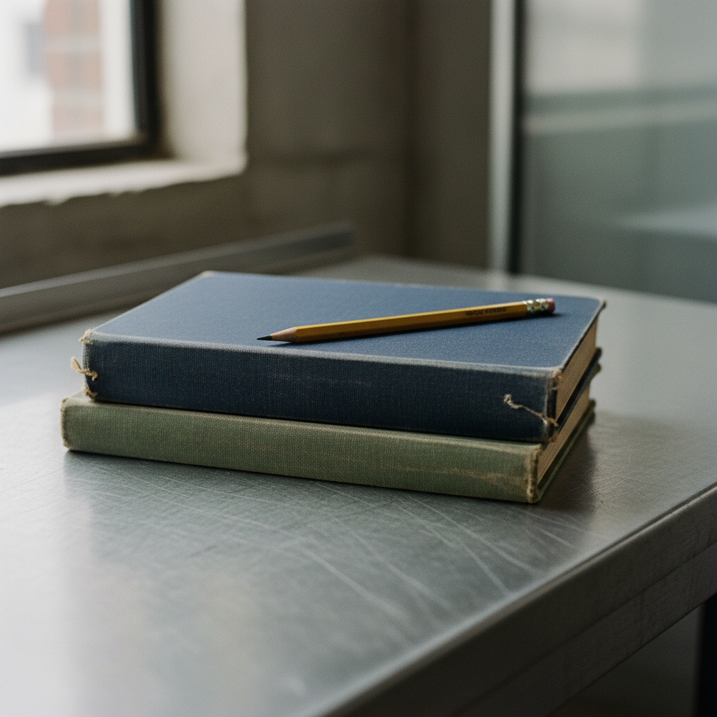 A stack of handwritten maintenance ledgers leaning against a modern, minimal metal filing cabinet.