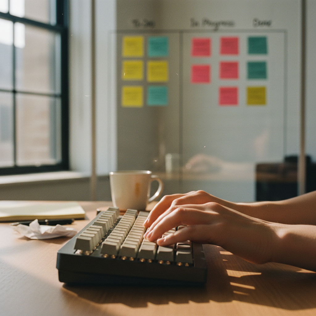 A close-up of a person's hands typing on a mechanical keyboard, with a whiteboard in the background covered in project management columns.