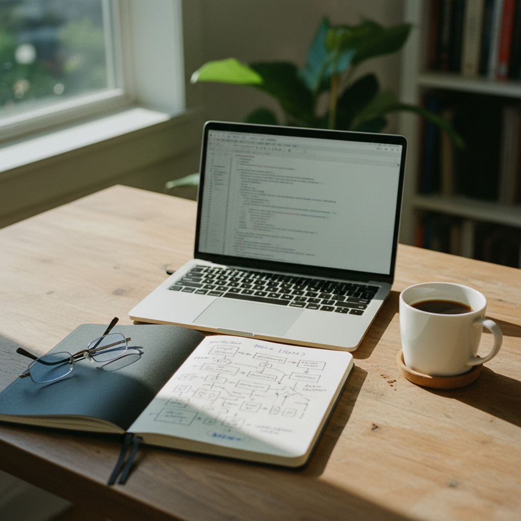 A clean, organized wooden desk with a laptop, a notebook with handwritten flowcharts, and a cup of black coffee in a bright United States morning light.