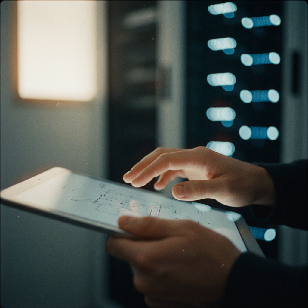 A close-up of a physical server rack side-by-side with a person using a tablet to manage cloud settings.
